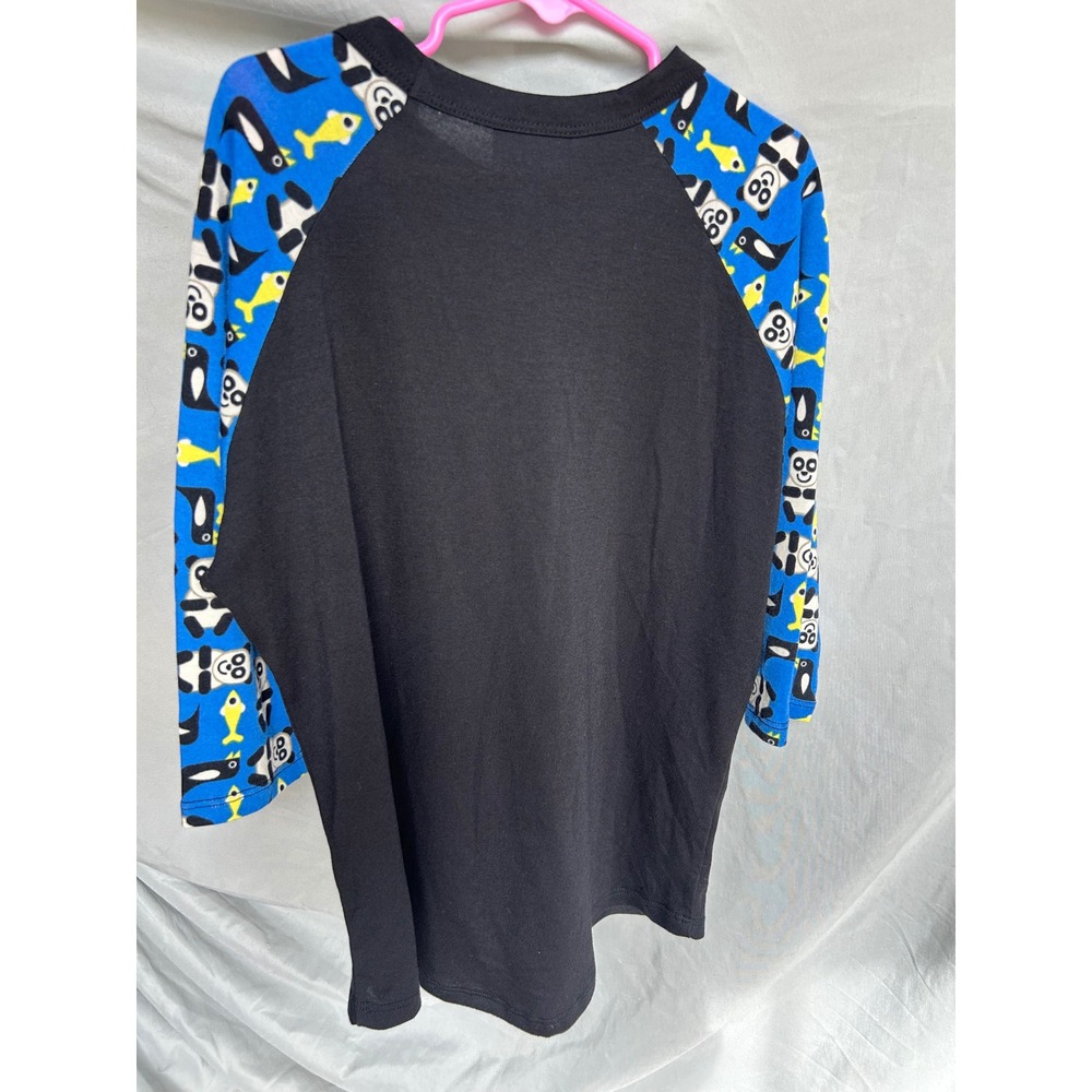 LuLaRoe Kids Size 10 Raglan‎ Baseball Tee Panda Penguin Blue Black 3/4 Sleeve